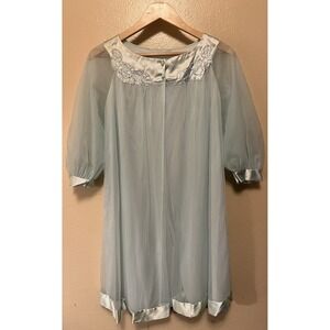 Vintage Gossard Artemis Blue Nylon Satin Chiffon Peignoir Robe Sheer Size Small